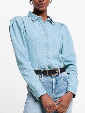 Express Light Blue Denim Button-Front Shirt with Puff Shoulders Sz-XL